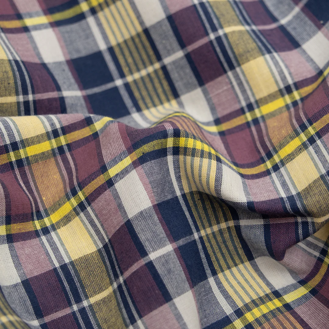Retrograde Plaid Cotton Shirting - Navy/Lemon/Raisin
