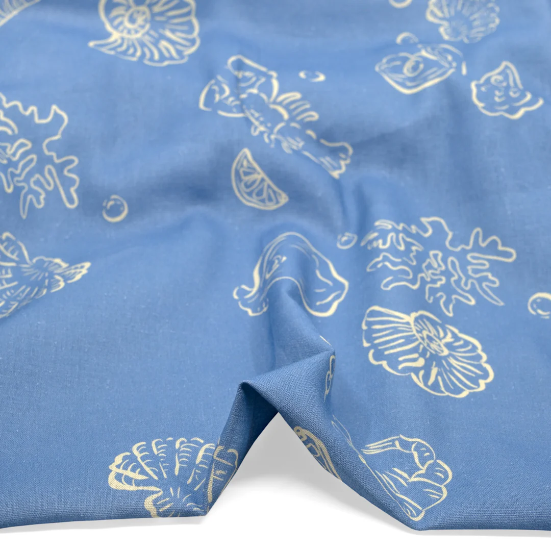 She Sells Seashells Linen Viscose Blend - Powder Blue/Vanilla
