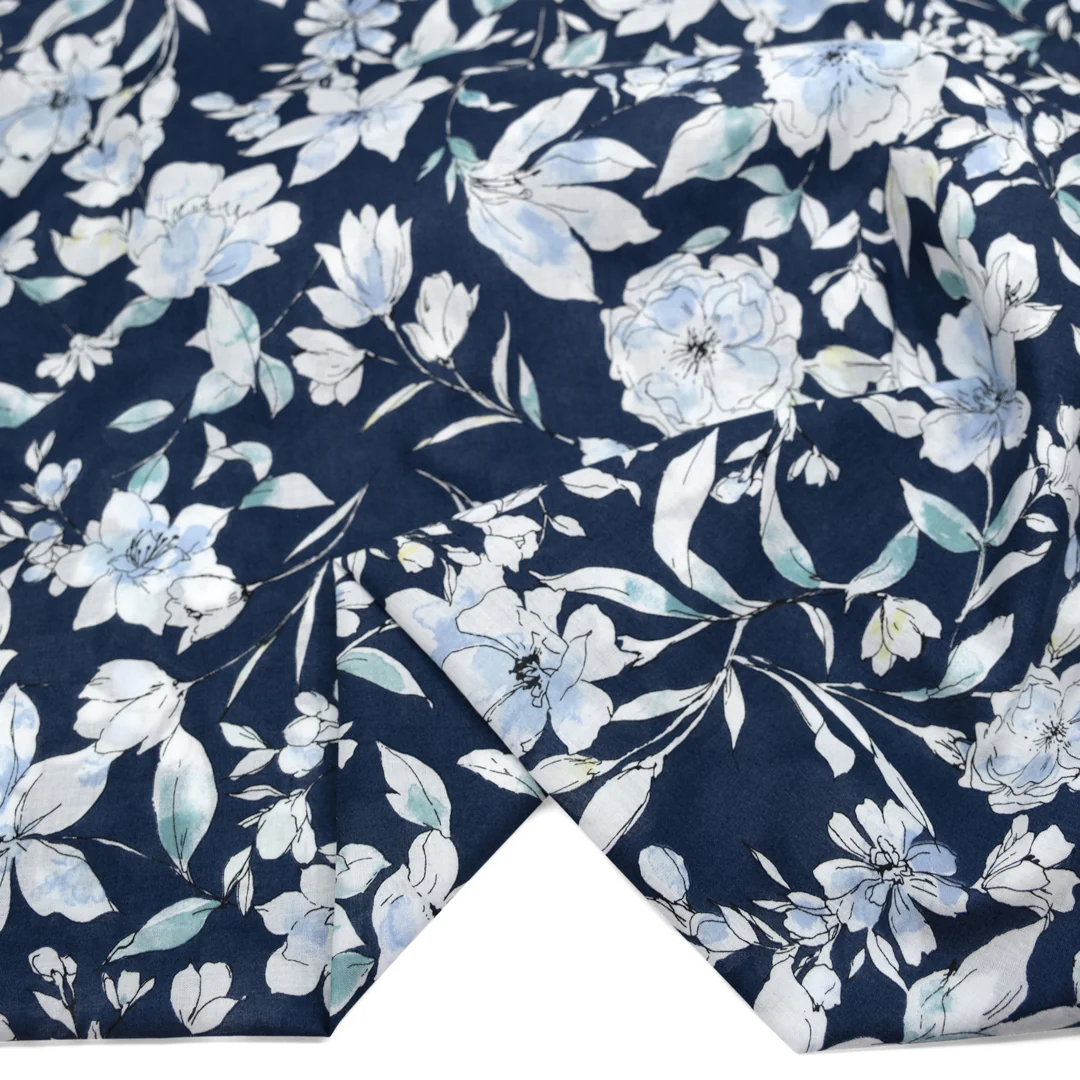 Sketched Floral Cotton Lawn - Navy/White/Sky