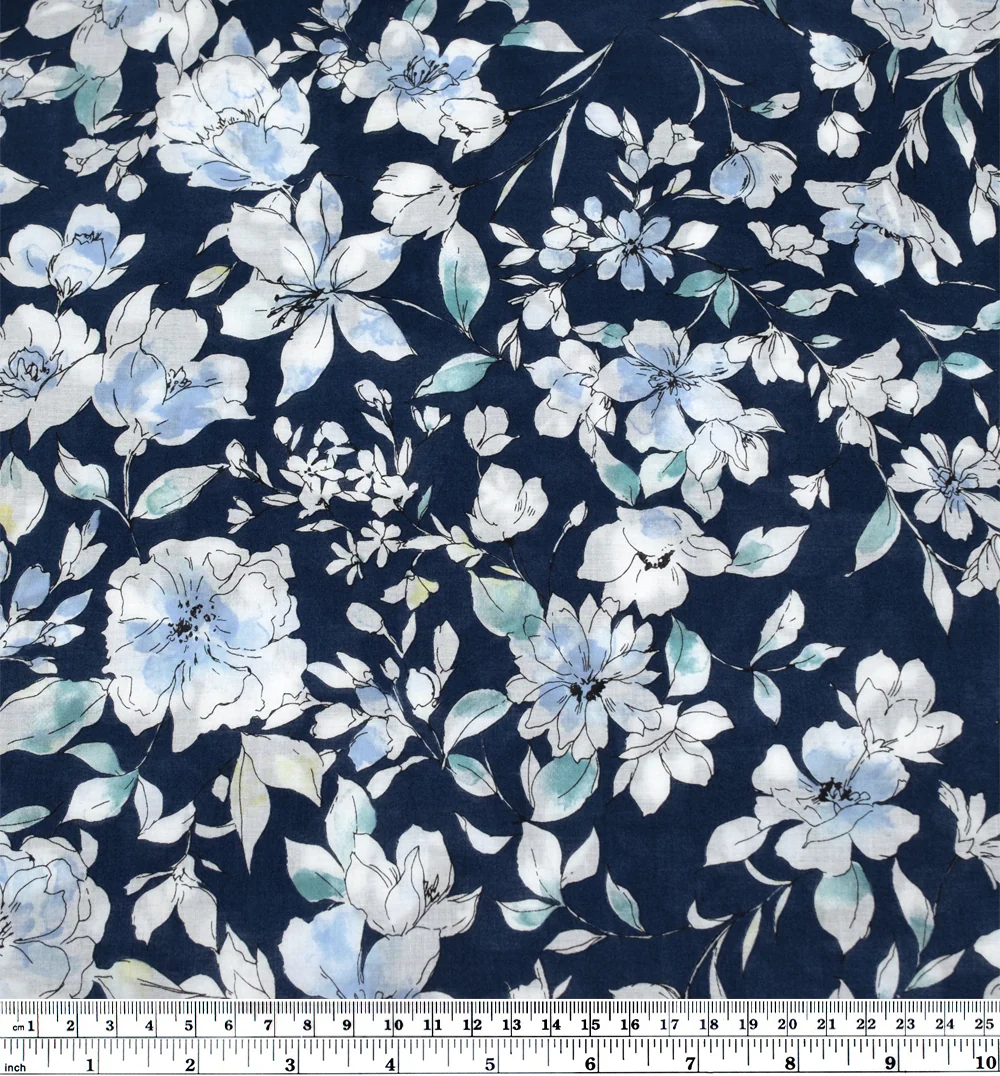 Sketched Floral Cotton Lawn - Navy/White/Sky - Image 3