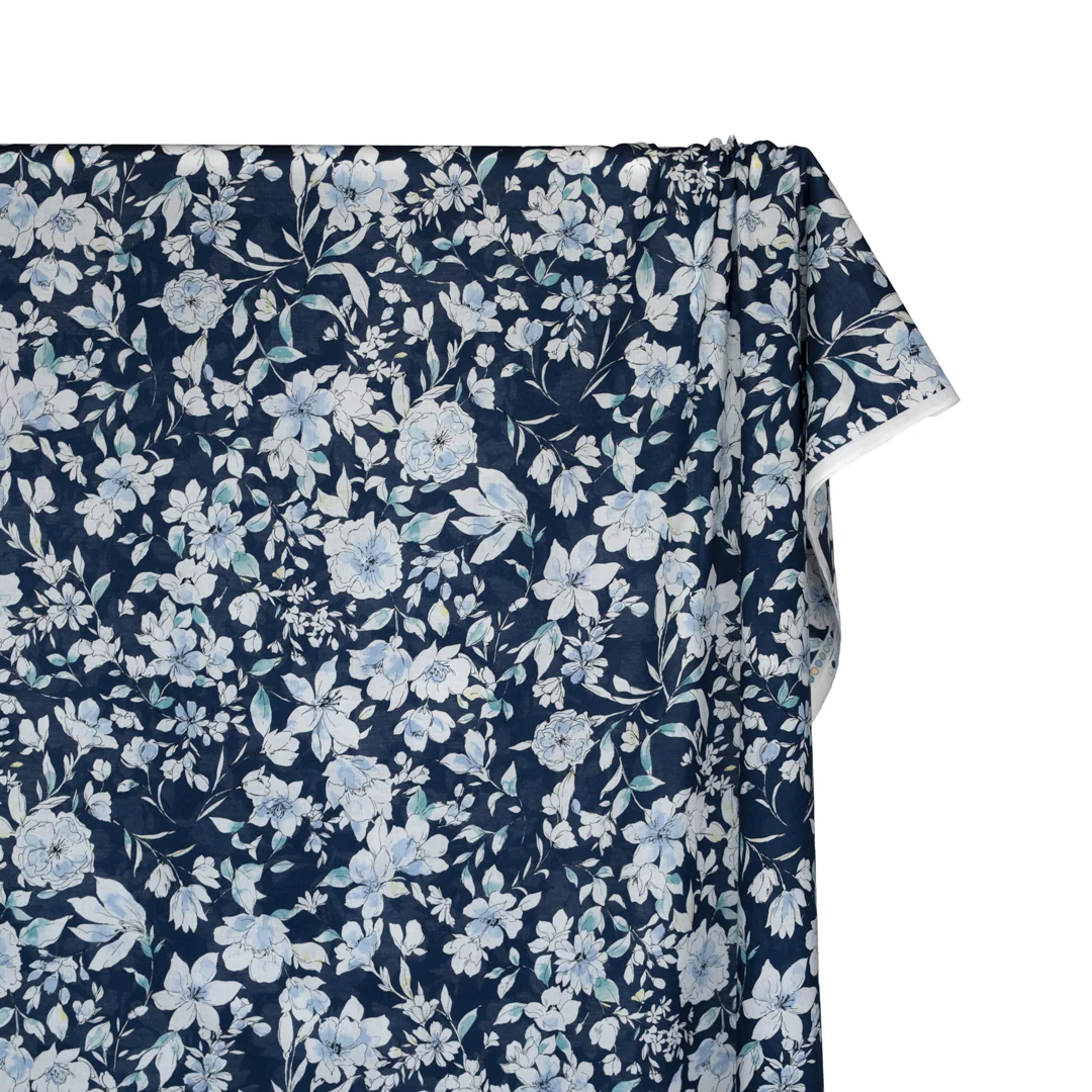 Sketched Floral Cotton Lawn - Navy/White/Sky - Image 4