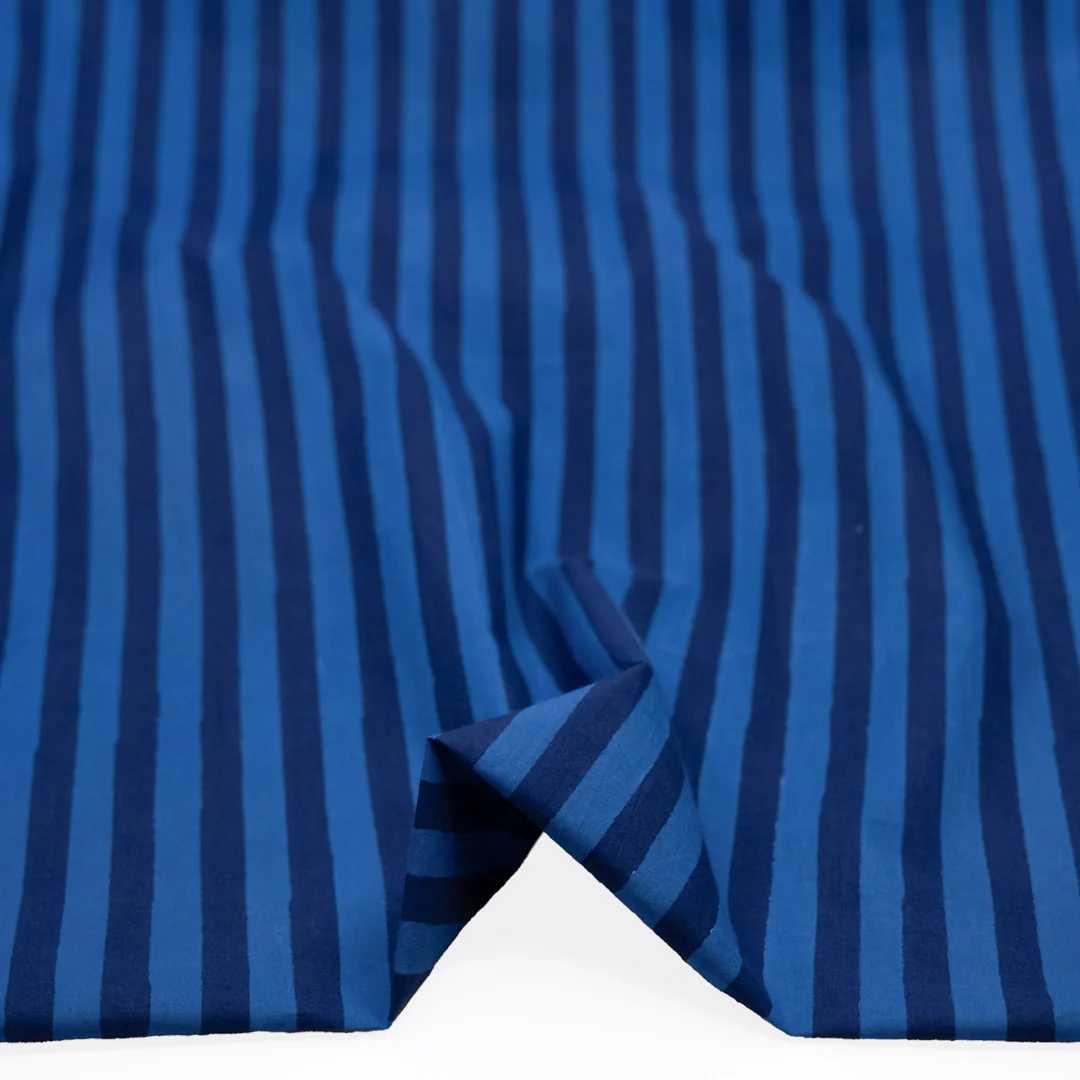 Stripe Block Printed Organic Cotton Batiste - Cascade/Indigo - Image 2