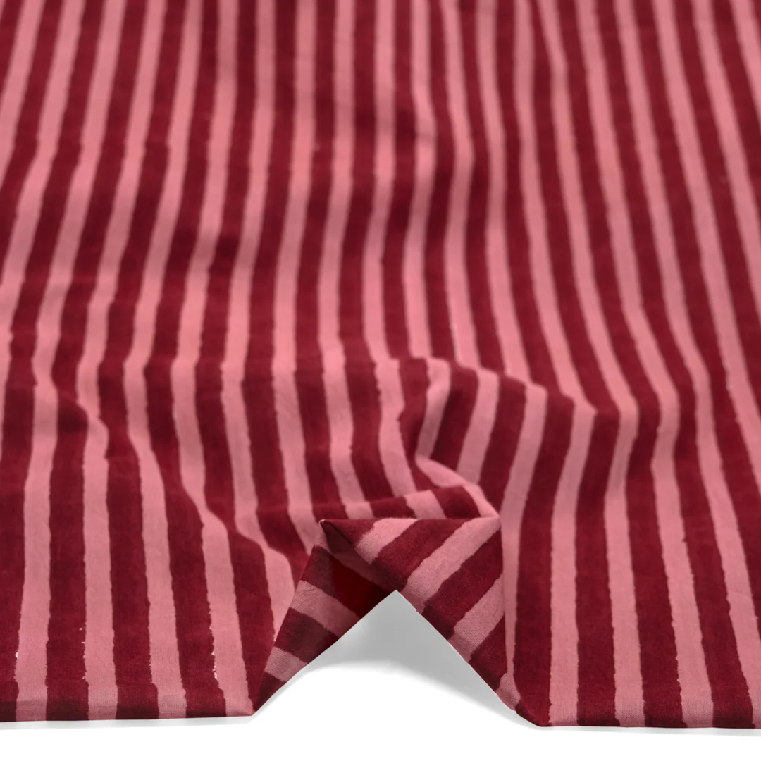 Stripe Block Printed Organic Cotton Batiste - Cranberry/Dusty Rose - Image 2