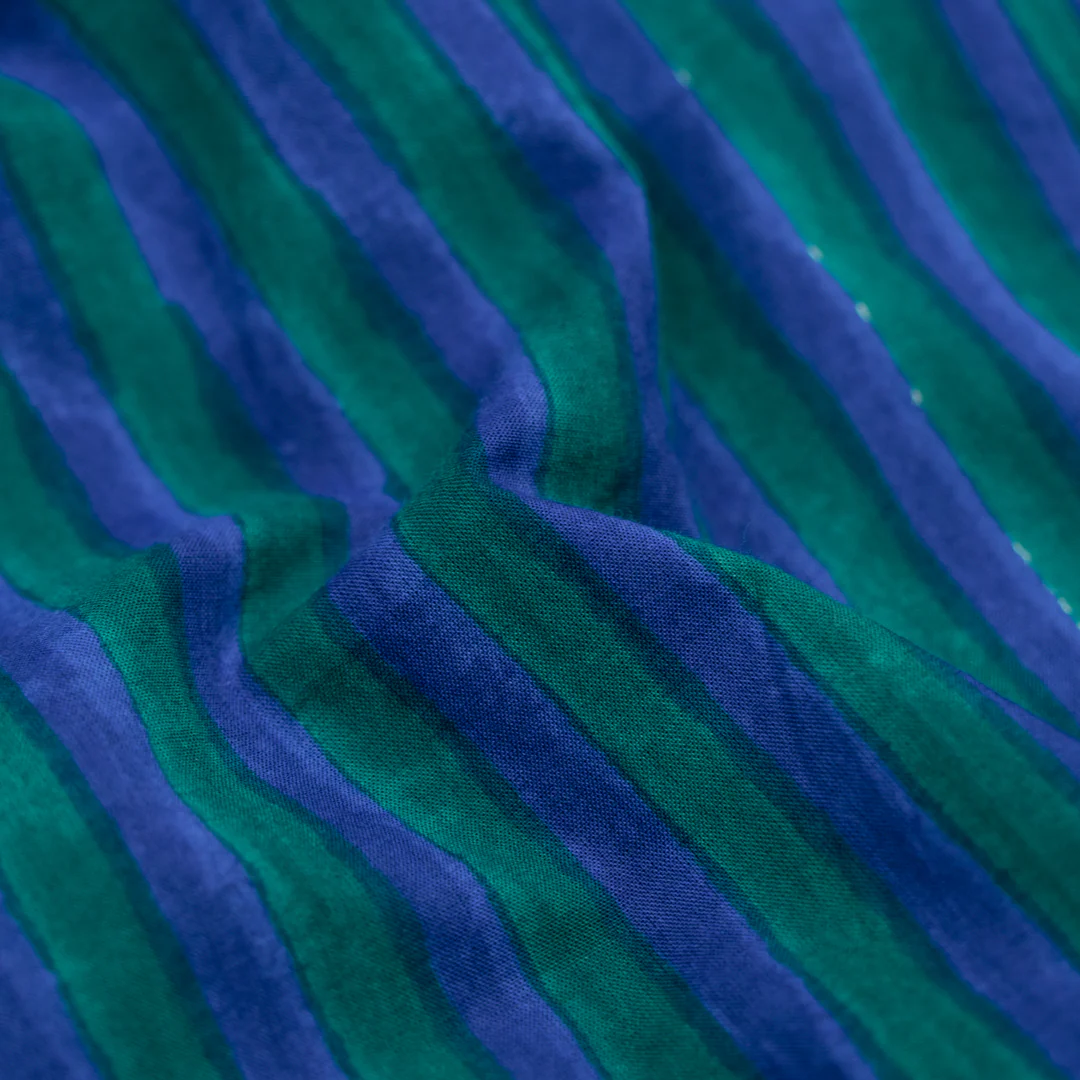 Stripe Block Printed Organic Cotton Batiste - Sapphire/Emerald