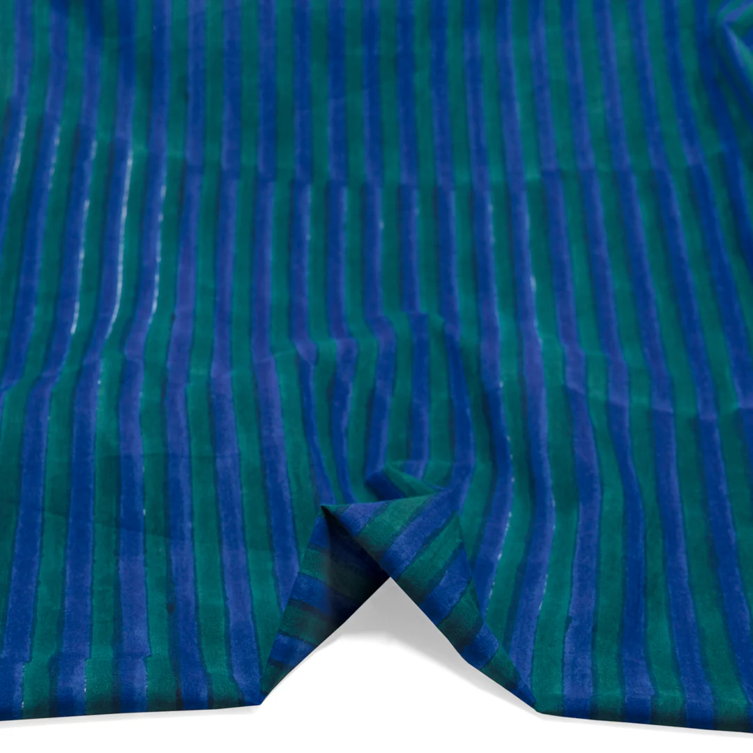 Stripe Block Printed Organic Cotton Batiste - Sapphire/Emerald - Image 2