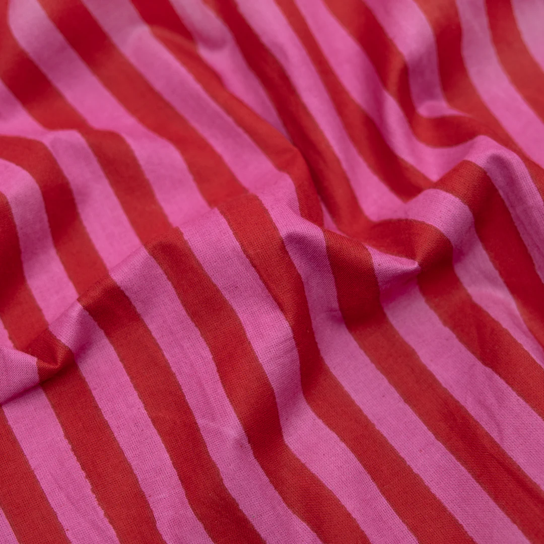 Stripe Block Printed Organic Cotton Batiste - Tomato/Tulip