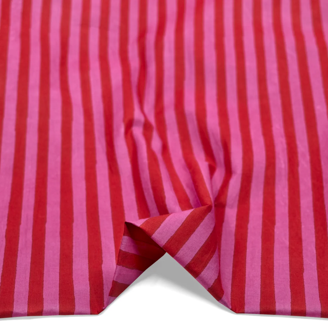 Stripe Block Printed Organic Cotton Batiste - Tomato/Tulip - Image 2