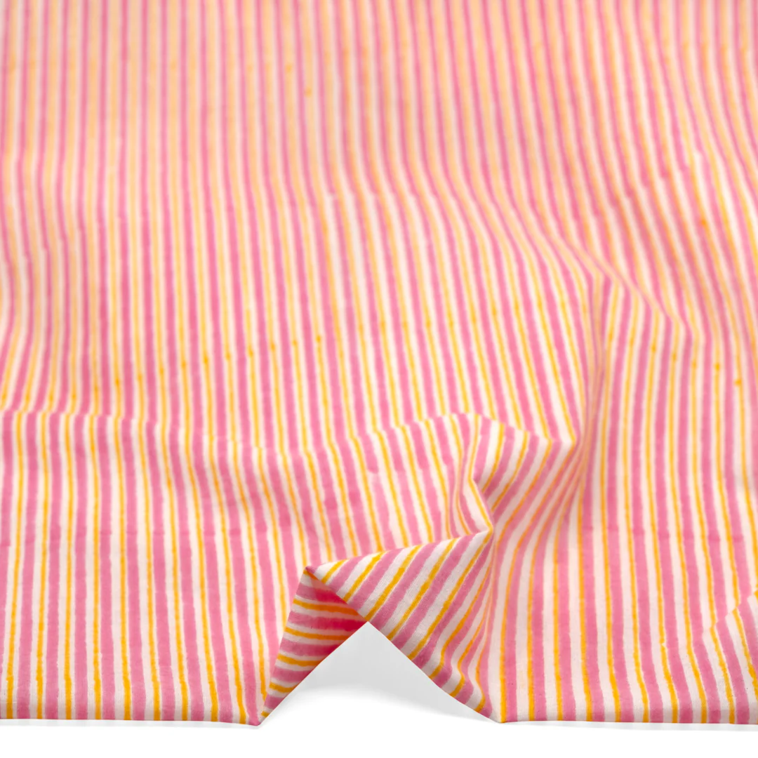 Striped Block Printed Organic Cotton Batiste - Candy Pink/Lemon - Image 2