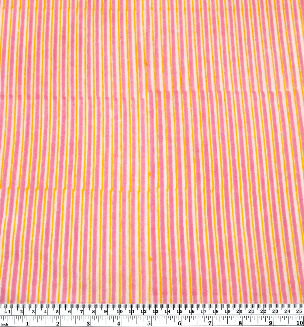 Striped Block Printed Organic Cotton Batiste - Candy Pink/Lemon - Image 3
