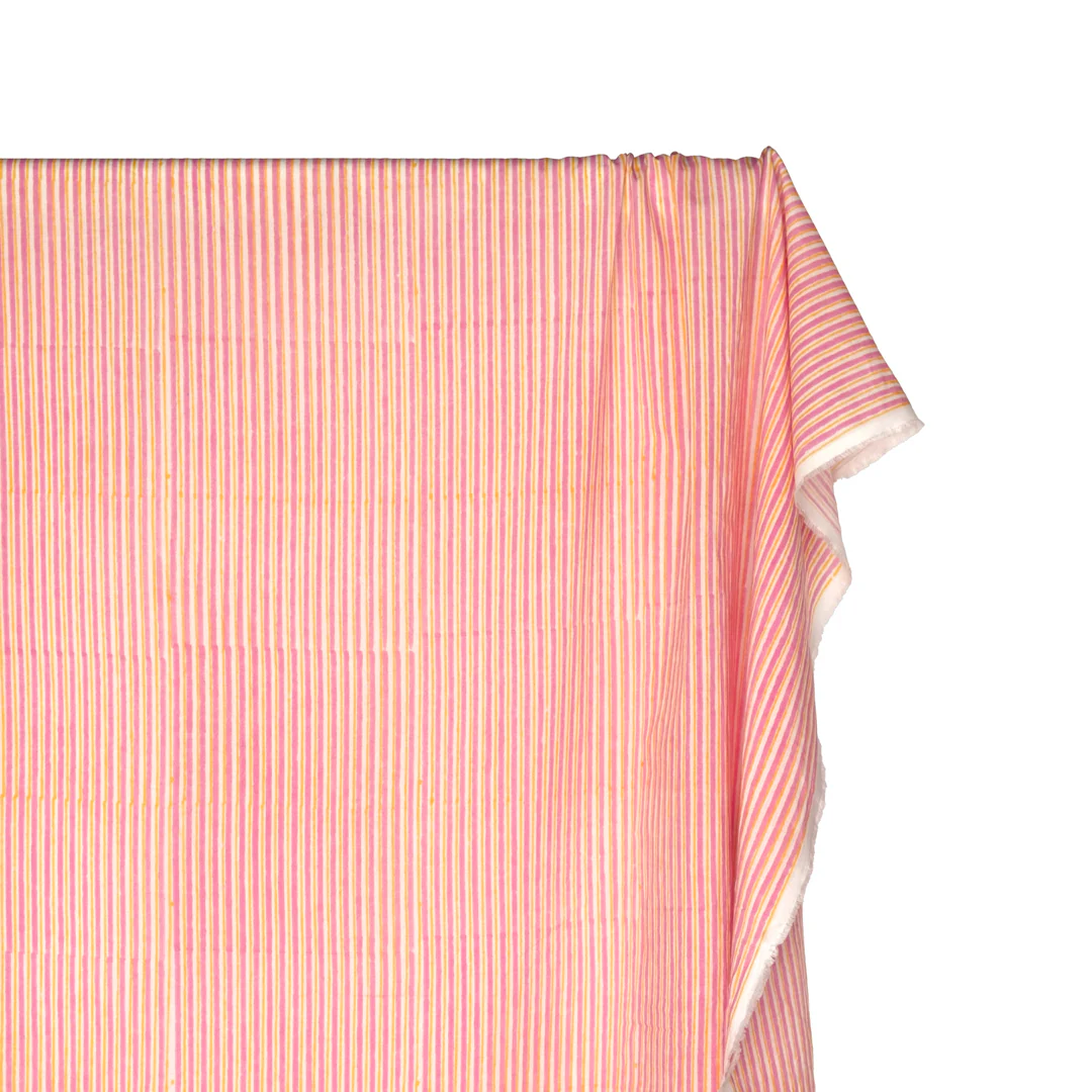 Striped Block Printed Organic Cotton Batiste - Candy Pink/Lemon - Image 4