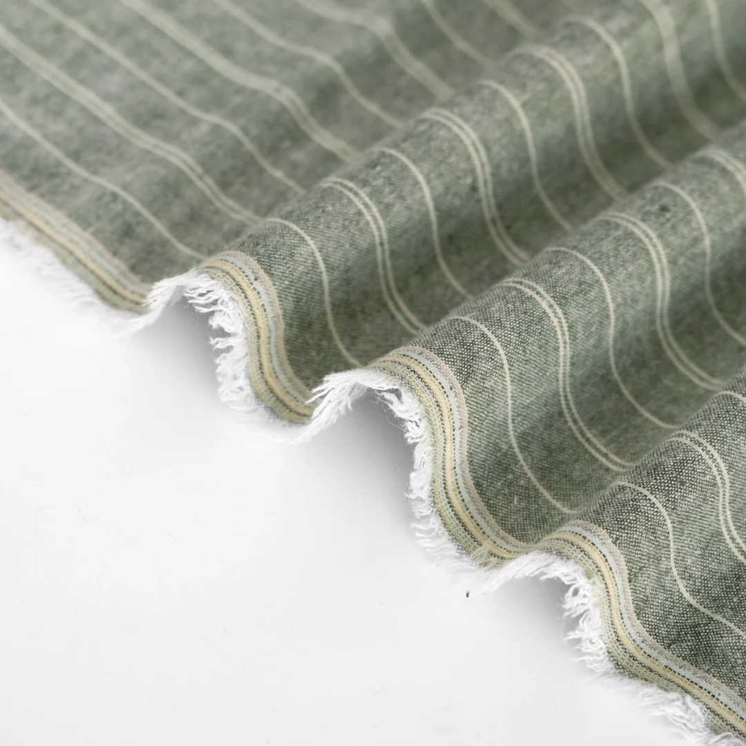 Striped Hemp & Organic Cotton Chambray - Forest/Ivory - Image 3