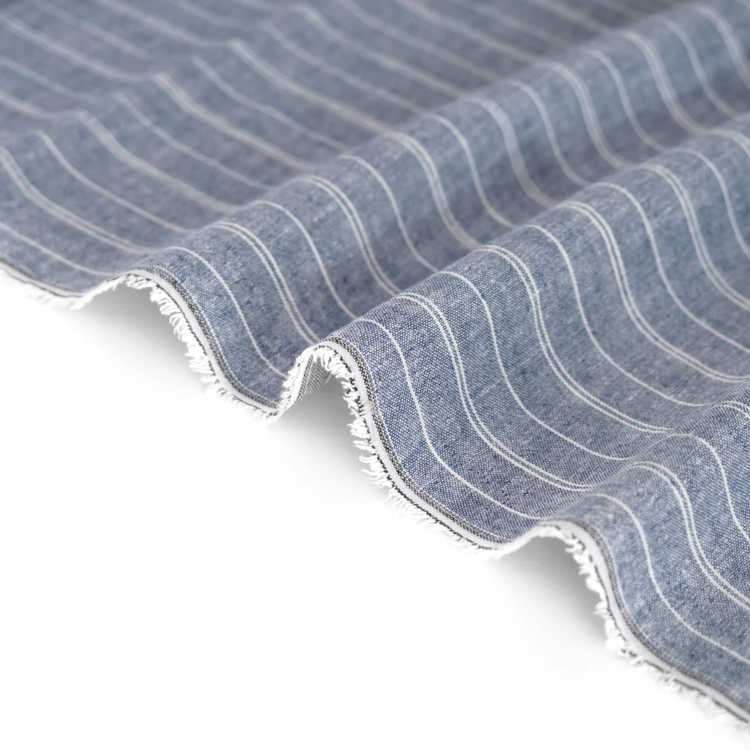 Striped Hemp & Organic Cotton Chambray - Navy/Ivory - Image 3