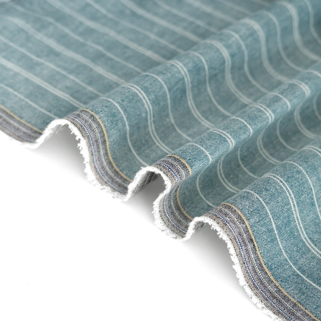 Striped Hemp & Organic Cotton Chambray - Teal/Ivory - Image 3