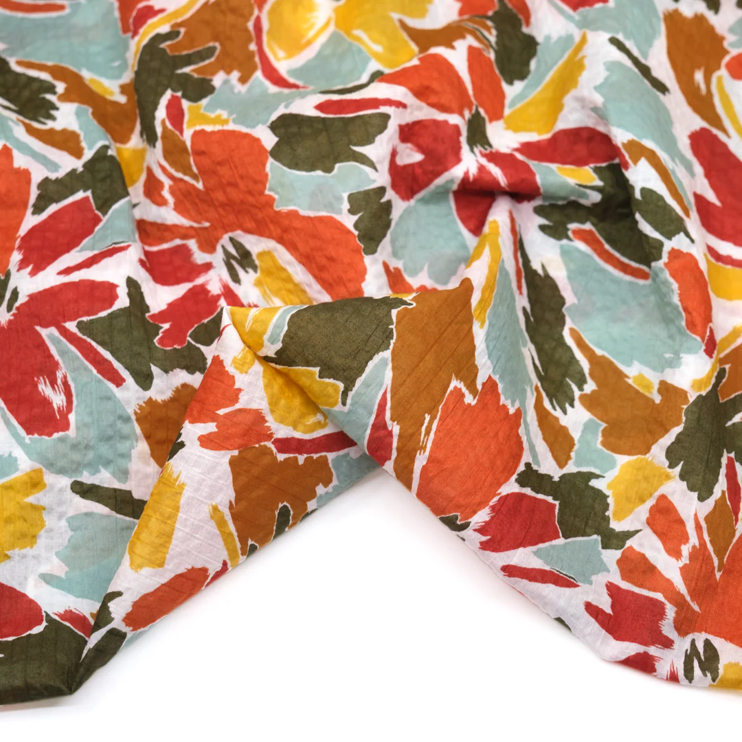 Sunburst Floral Crinkle Cotton - Crimson/Yellow/Teak