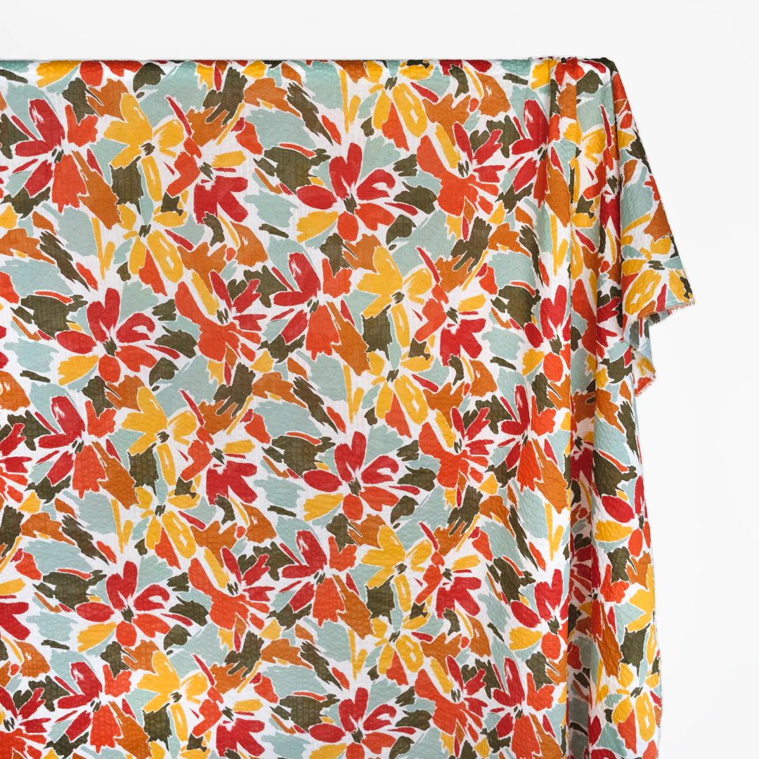 Sunburst Floral Crinkle Cotton - Crimson/Yellow/Teak - Image 2