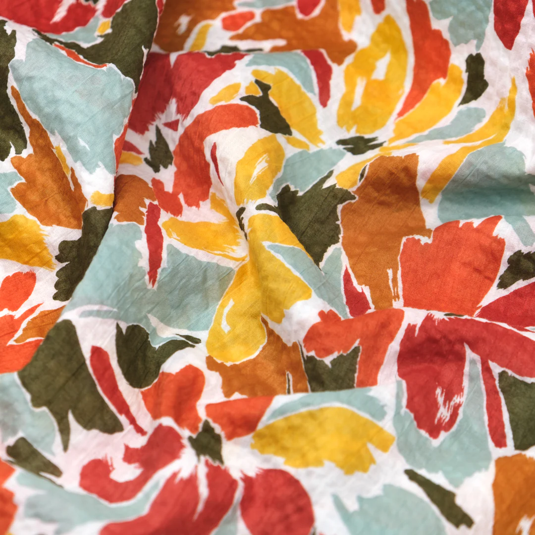 Sunburst Floral Crinkle Cotton - Crimson/Yellow/Teak - Image 3