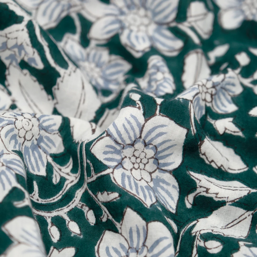 Tapestry Block Printed Organic Cotton Batiste - Peacock/White