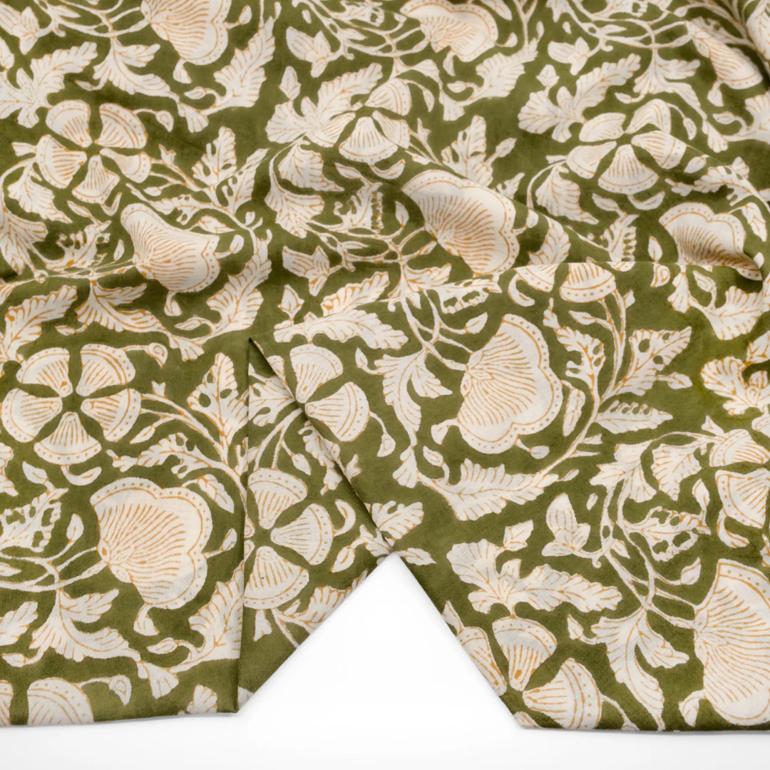 Tapestry Block Printed Organic Cotton Batiste - Avocado/Ivory