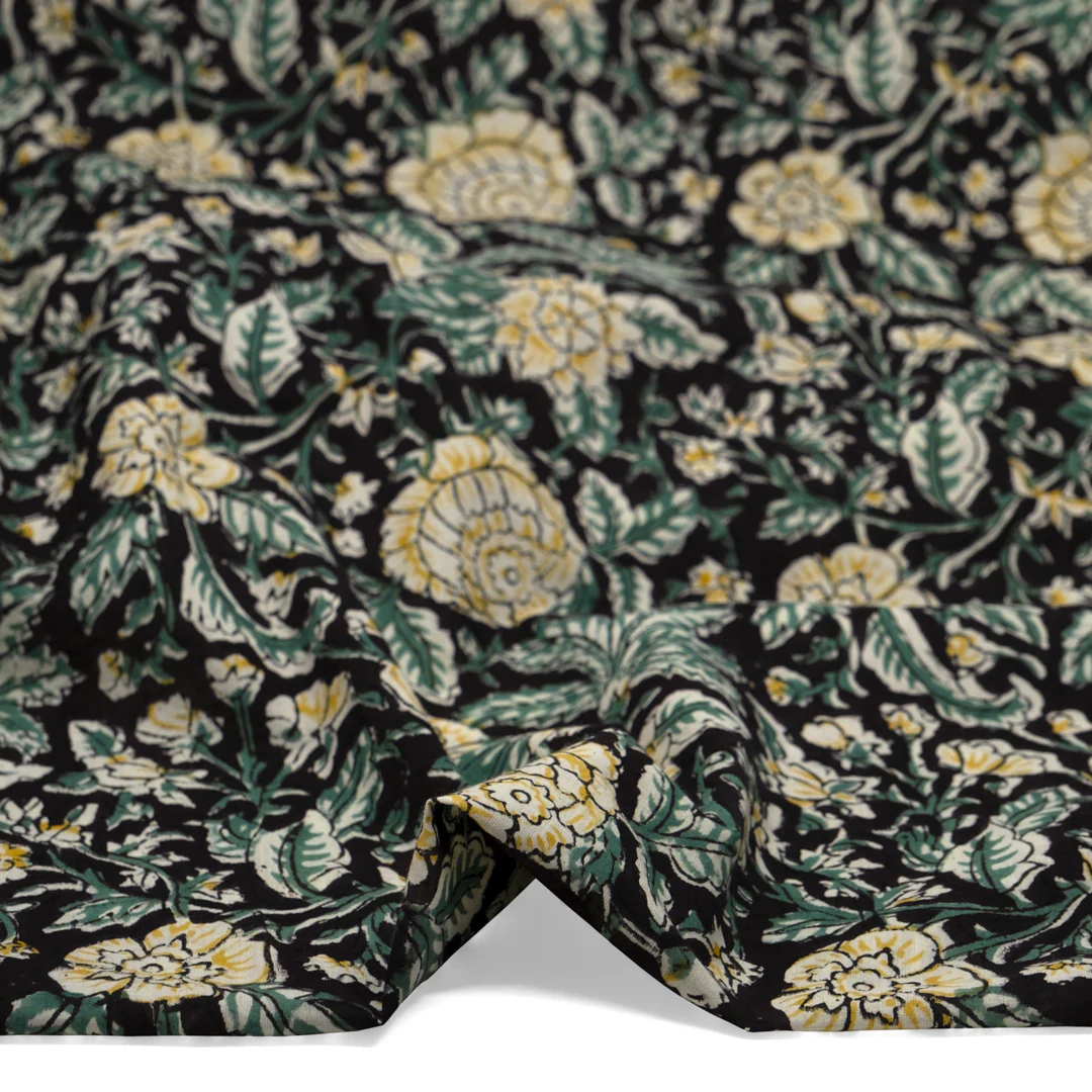 Tapestry Block Printed Organic Cotton Batiste - Black/Jade/Hay