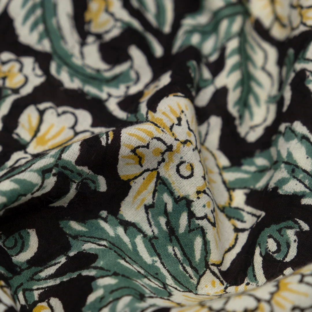 Tapestry Block Printed Organic Cotton Batiste - Black/Jade/Hay - Image 2