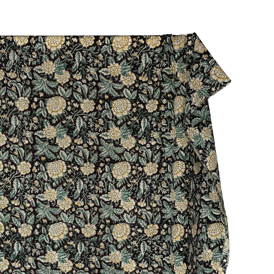 Tapestry Block Printed Organic Cotton Batiste - Black/Jade/Hay - Image 4