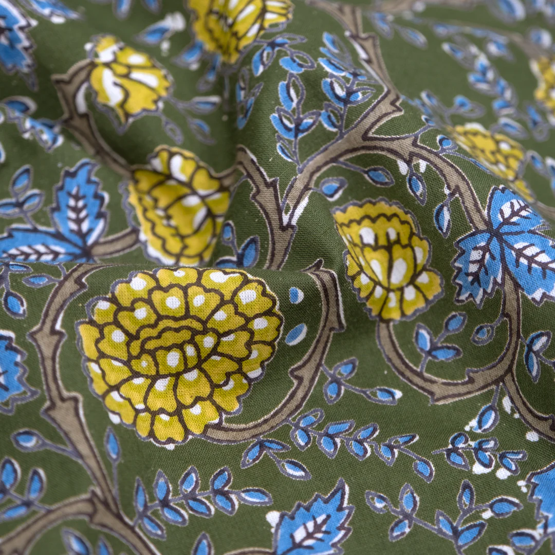 Tapestry Block Printed Organic Cotton Batiste - Chive/Pond/Wheat