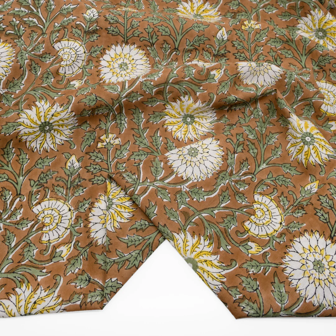 Tapestry Block Printed Organic Cotton Batiste - Cinnamon/Sage