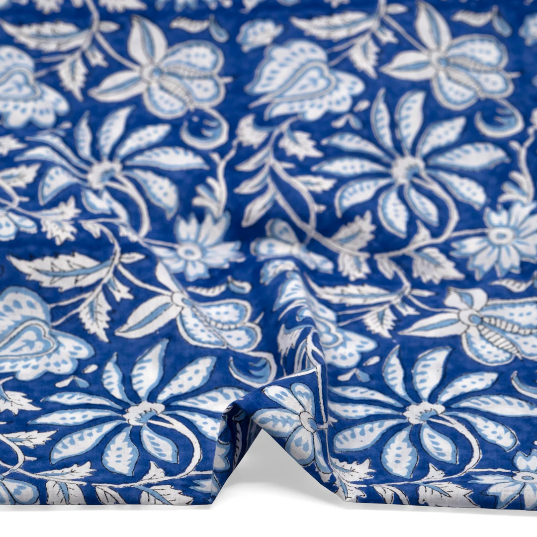 Tapestry Block Printed Organic Cotton Batiste - Cobalt/Sky/White