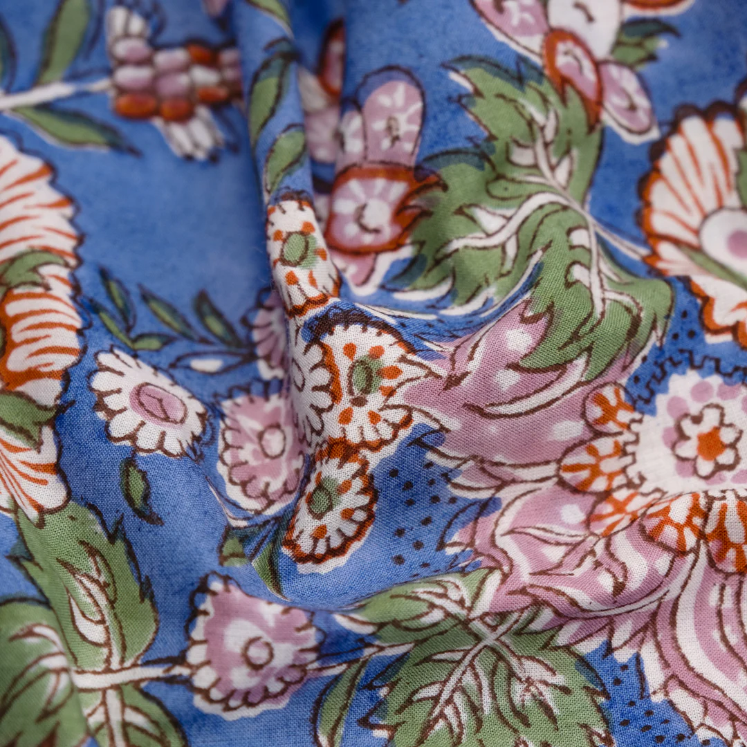 Tapestry Block Printed Organic Cotton Batiste - Cornflower/Dusty Rose