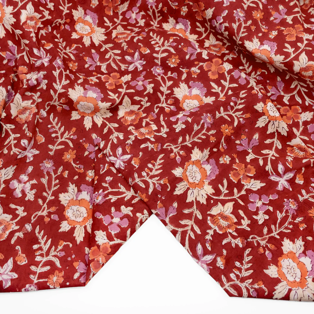Tapestry Block Printed Organic Cotton Batiste - Cranberry/Pale Dahlia