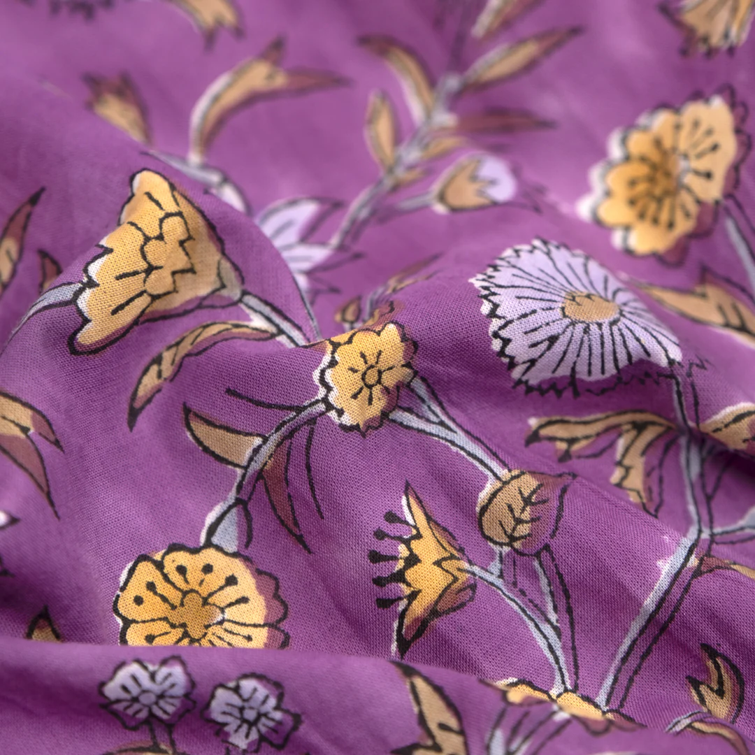 Tapestry Block Printed Organic Cotton Batiste - Cyclamen/Hay/Dove