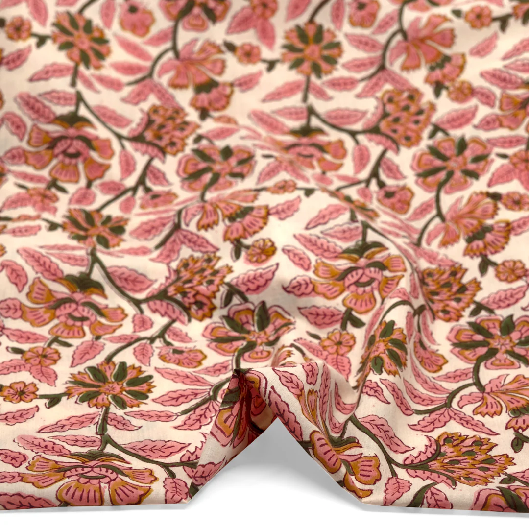 Tapestry Block Printed Organic Cotton Batiste - Ecru/Bubblegum/Kale - Image 2