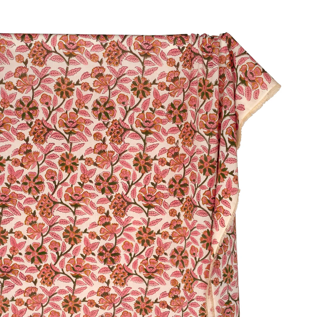 Tapestry Block Printed Organic Cotton Batiste - Ecru/Bubblegum/Kale - Image 3