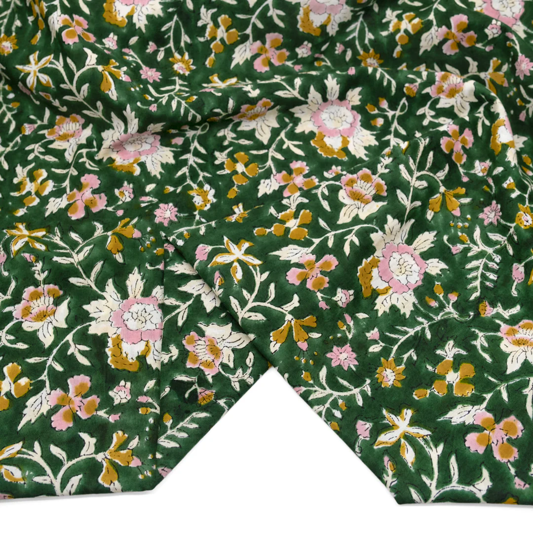 Tapestry Block Printed Organic Cotton Batiste - Emerald/Carnation