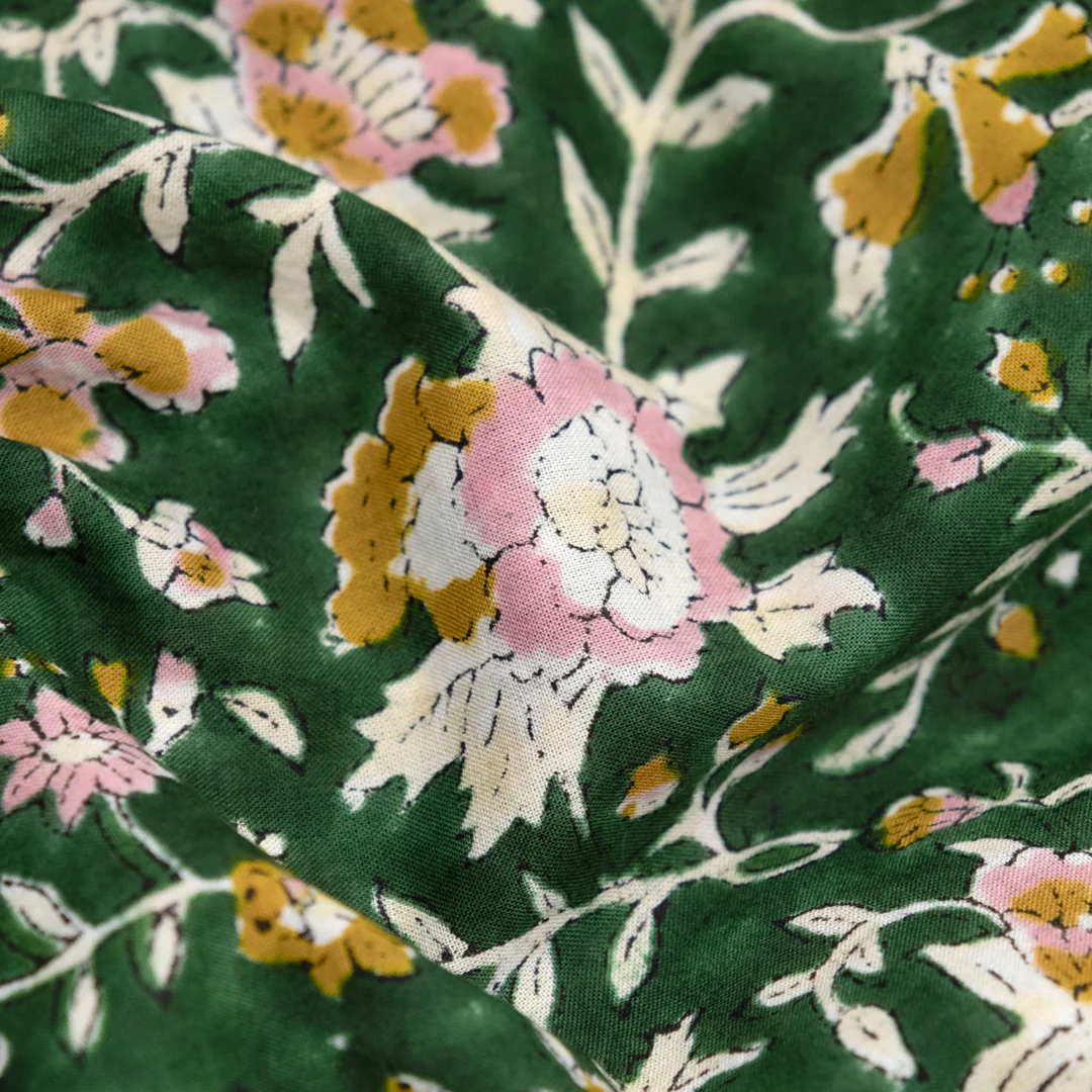 Tapestry Block Printed Organic Cotton Batiste - Emerald/Carnation - Image 2