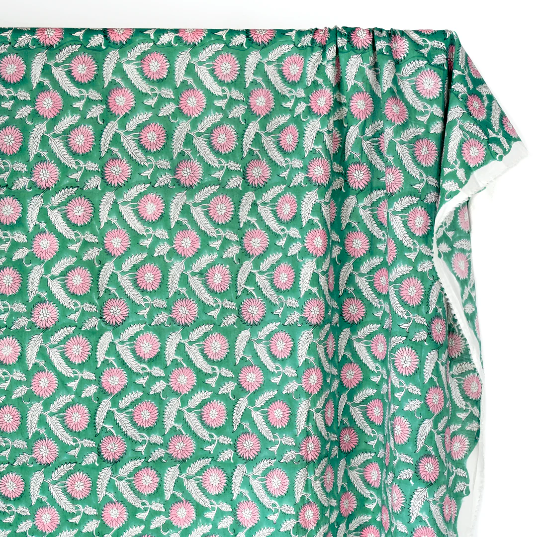Tapestry Block Printed Organic Cotton Batiste - Green/Pink - Image 3