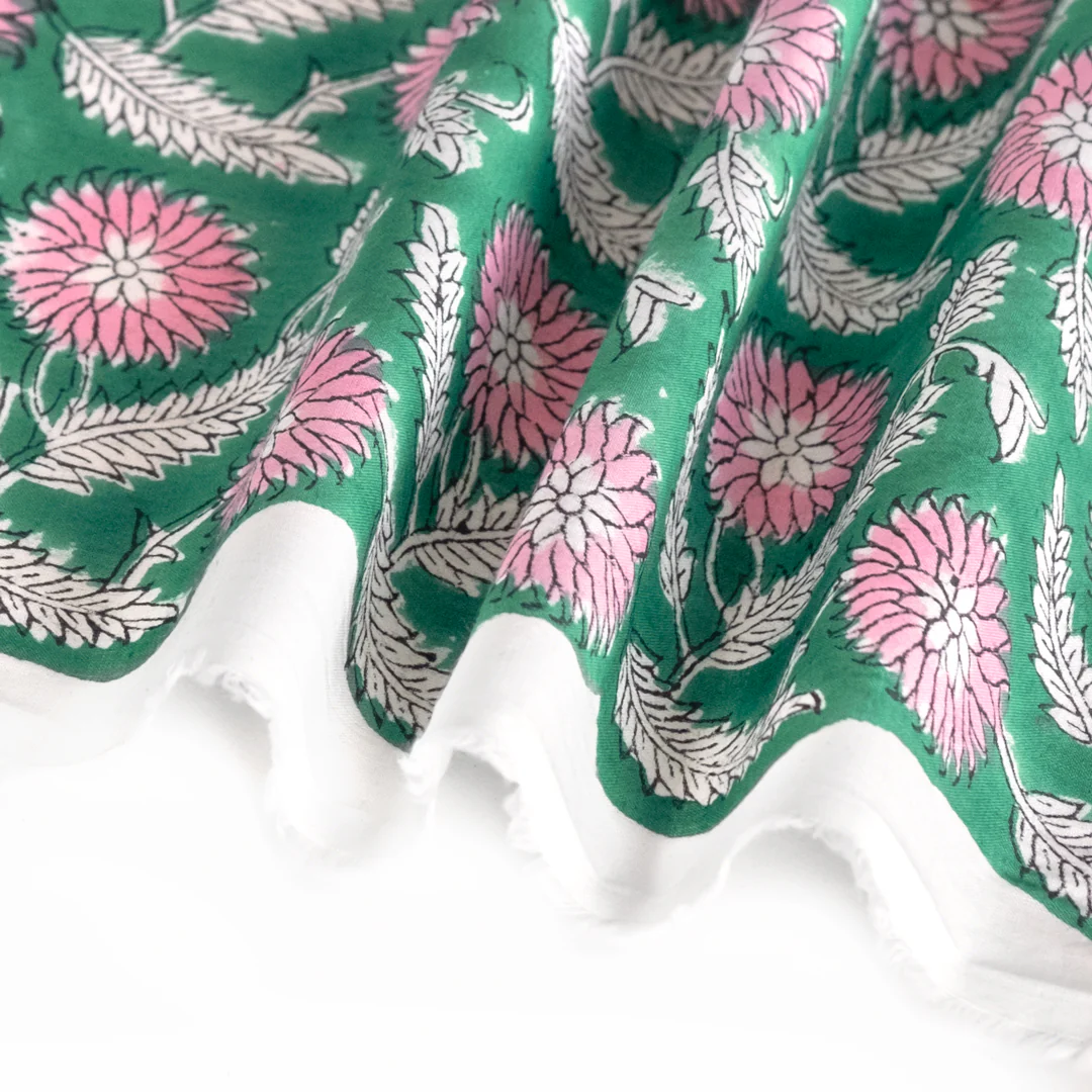 Tapestry Block Printed Organic Cotton Batiste - Green/Pink - Image 4