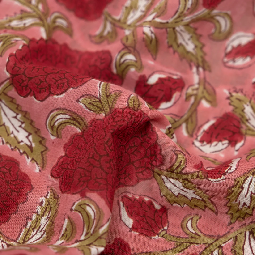 Tapestry Block Printed Organic Cotton Batiste - Guava/Cherry Pink/Sage