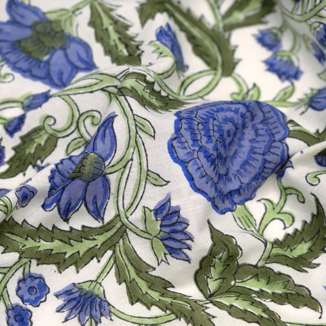 Tapestry Block Printed Organic Cotton Batiste - Ivory/Cornflower/Melon
