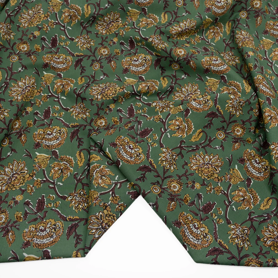 Tapestry Block Printed Organic Cotton Batiste - Kelp/Chocolate