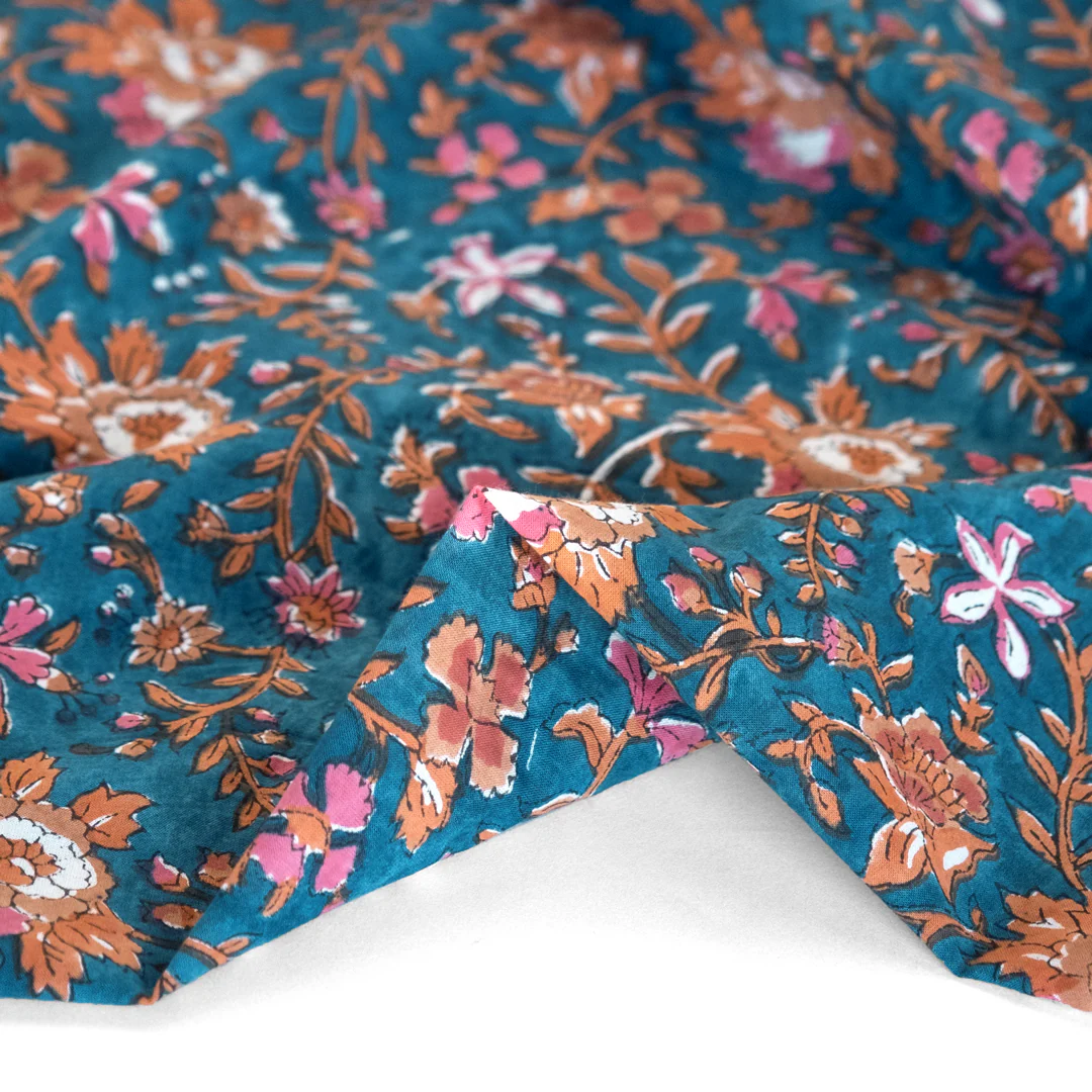 Tapestry Block Printed Organic Cotton Batiste - Lagoon/Clay/Pink