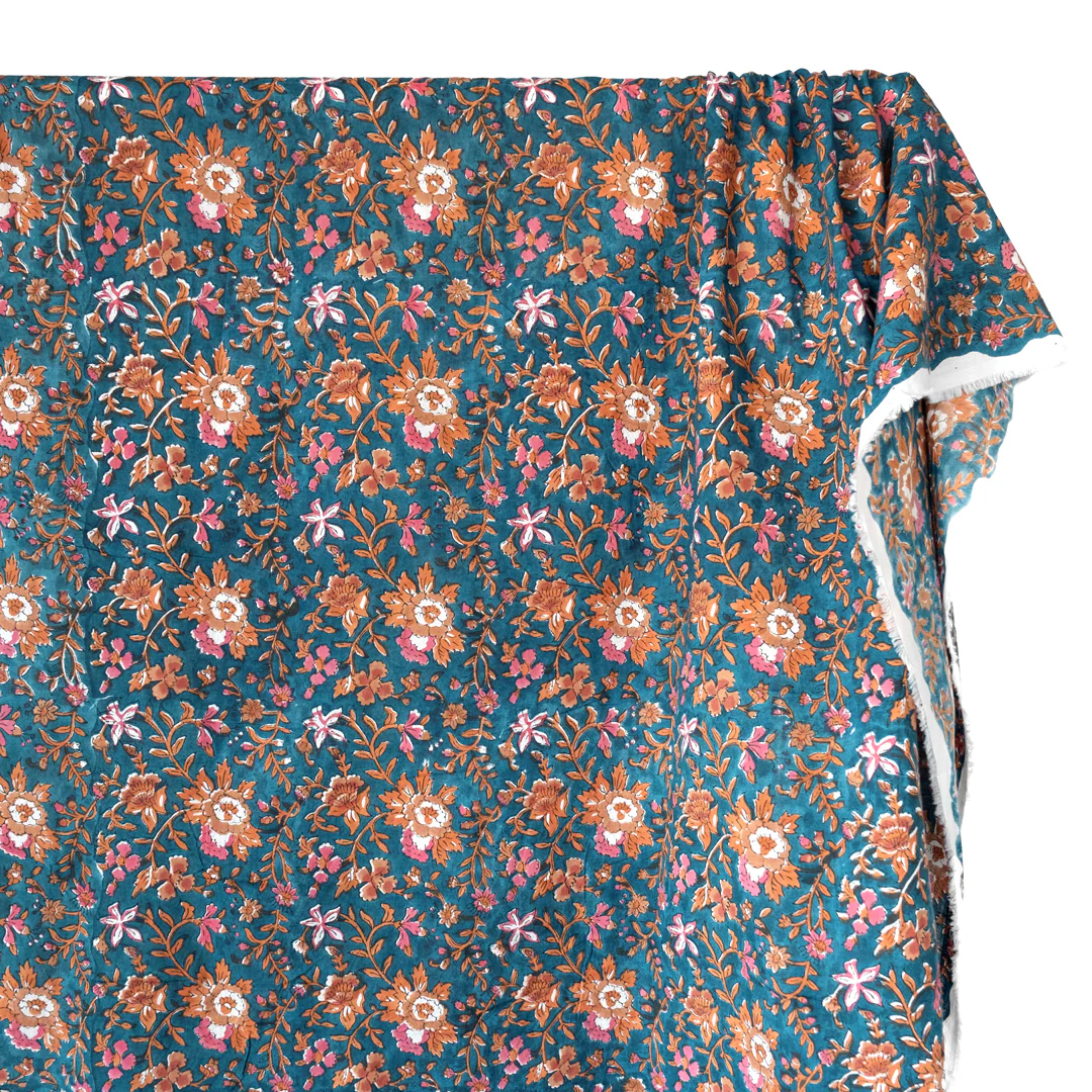 Tapestry Block Printed Organic Cotton Batiste - Lagoon/Clay/Pink - Image 2