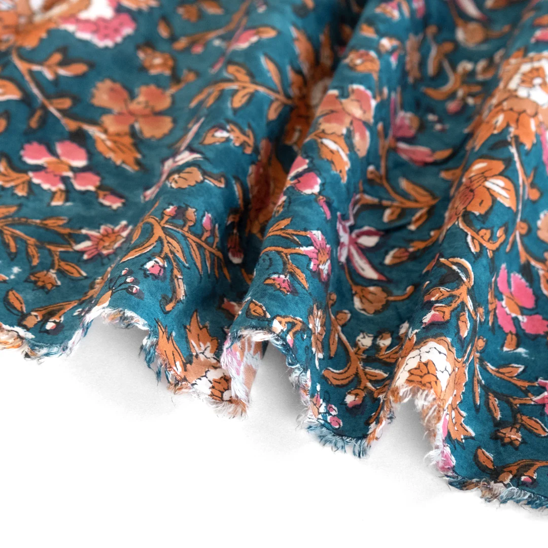 Tapestry Block Printed Organic Cotton Batiste - Lagoon/Clay/Pink - Image 3
