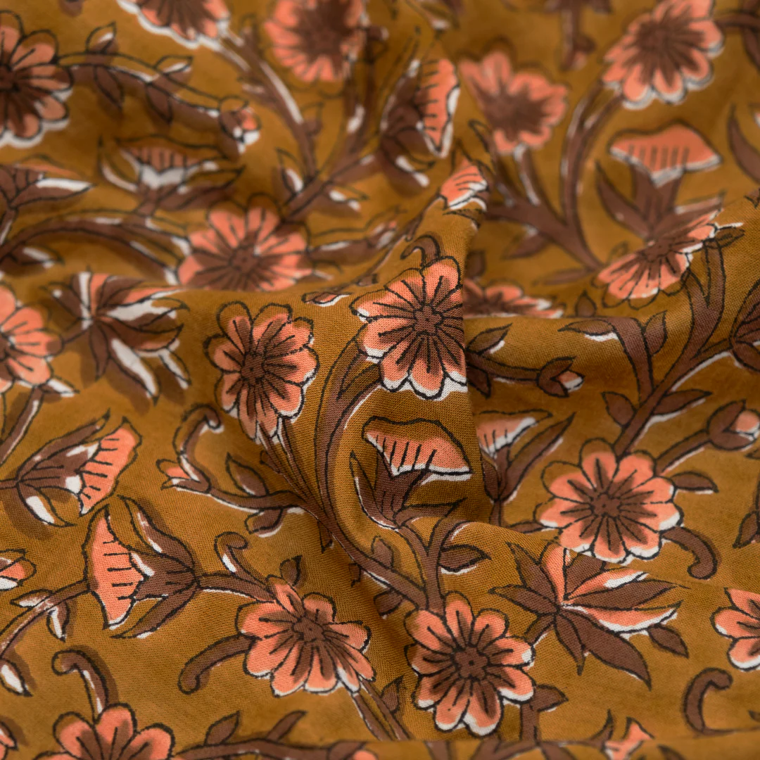 Tapestry Block Printed Organic Cotton Batiste - Ochre/Pinecone/Papaya