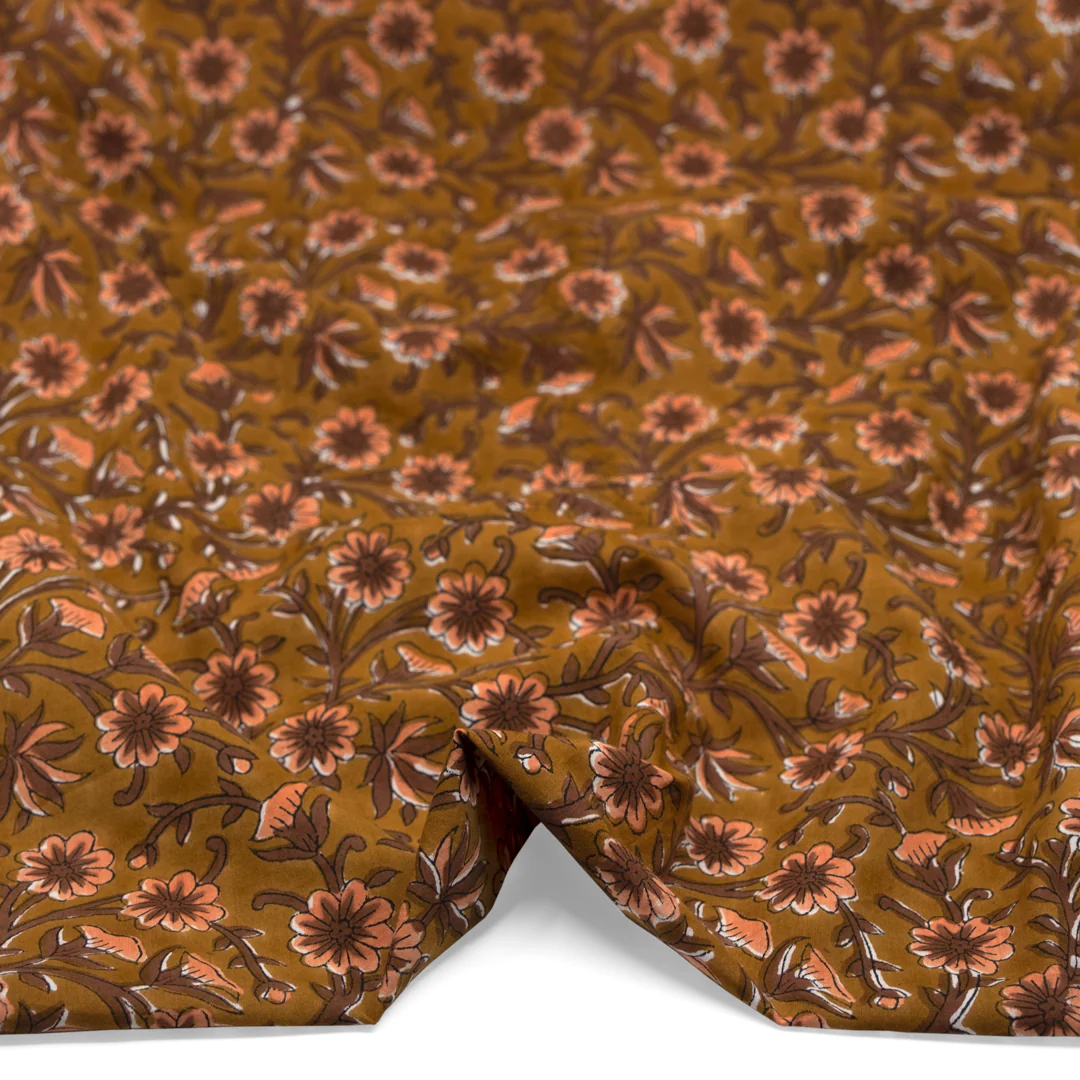 Tapestry Block Printed Organic Cotton Batiste - Ochre/Pinecone/Papaya - Image 2