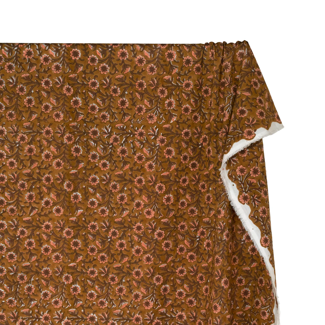 Tapestry Block Printed Organic Cotton Batiste - Ochre/Pinecone/Papaya - Image 3