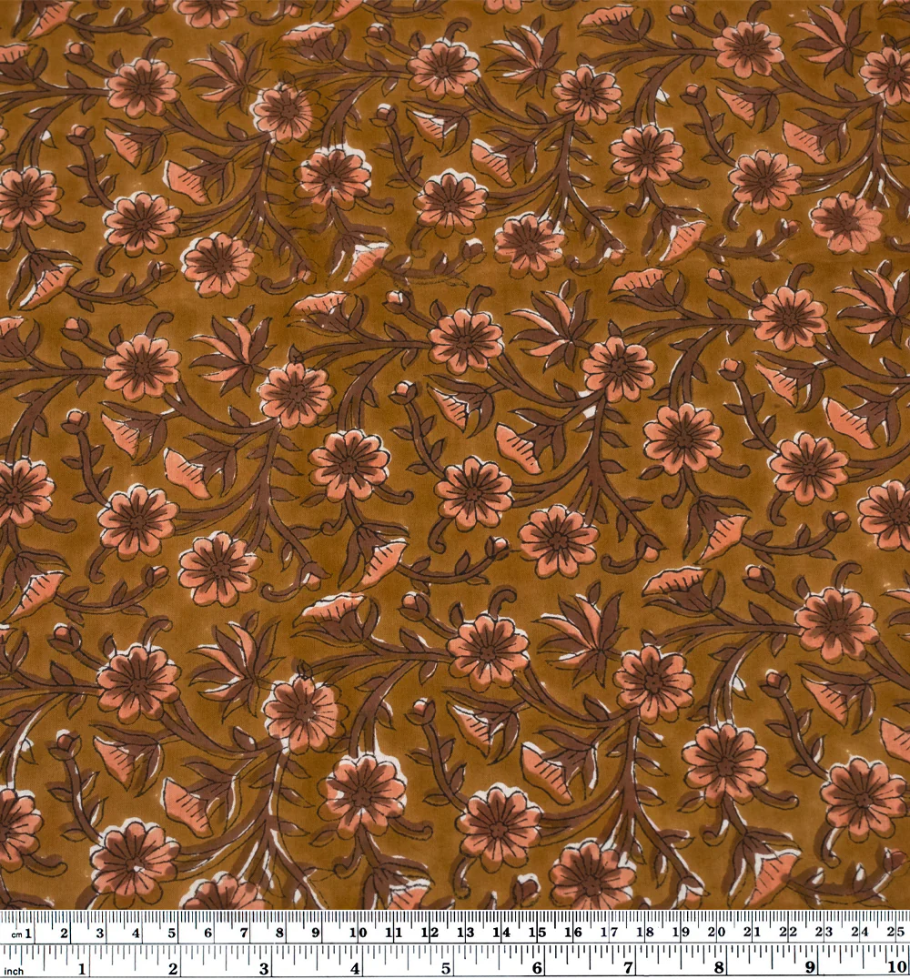 Tapestry Block Printed Organic Cotton Batiste - Ochre/Pinecone/Papaya - Image 4