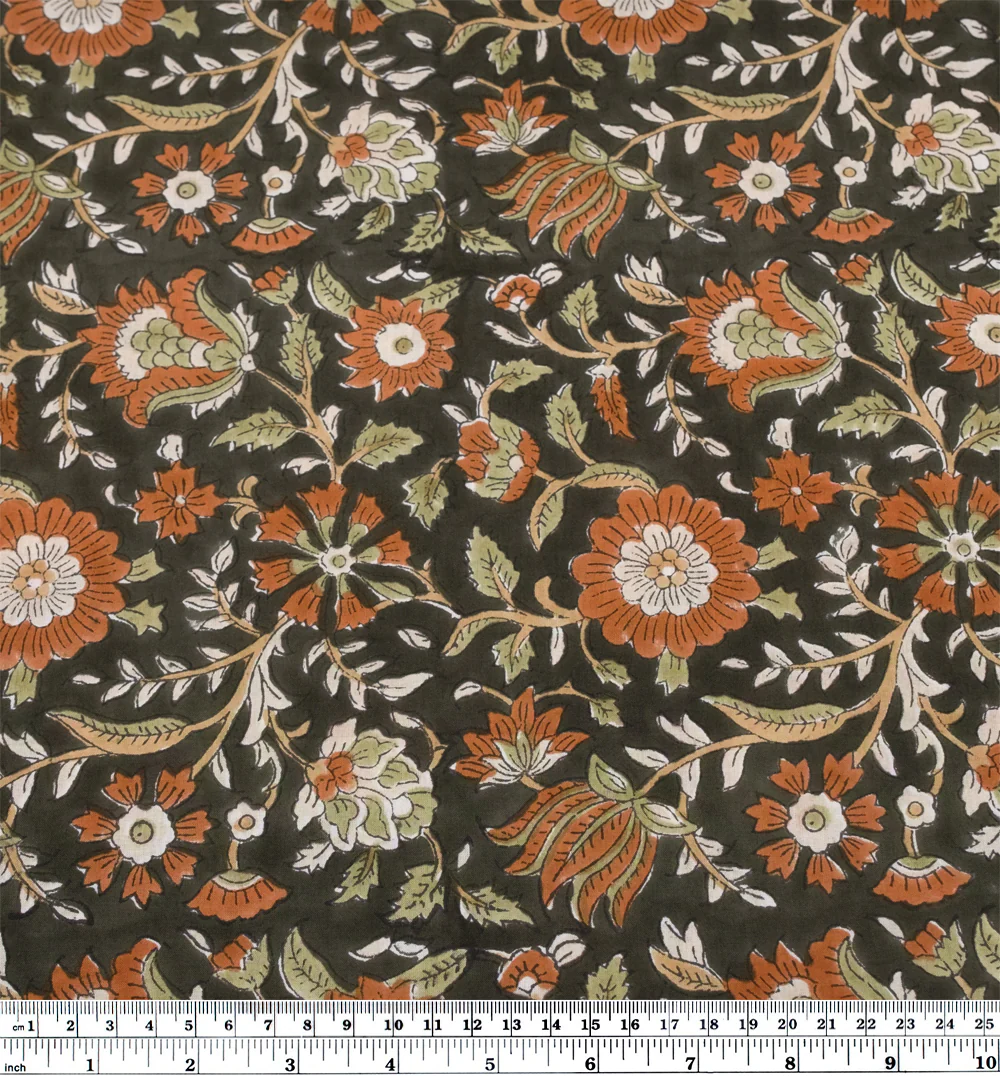 Tapestry Block Printed Organic Cotton Batiste - Olive Drab/Rust - Image 3