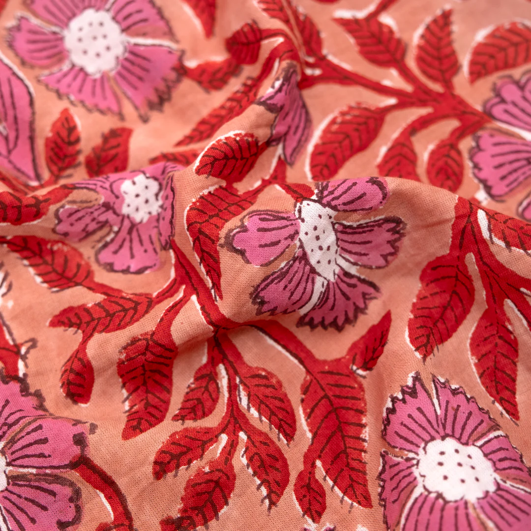 Tapestry Block Printed Organic Cotton Batiste - Peach/Fire Red/Gumdrop