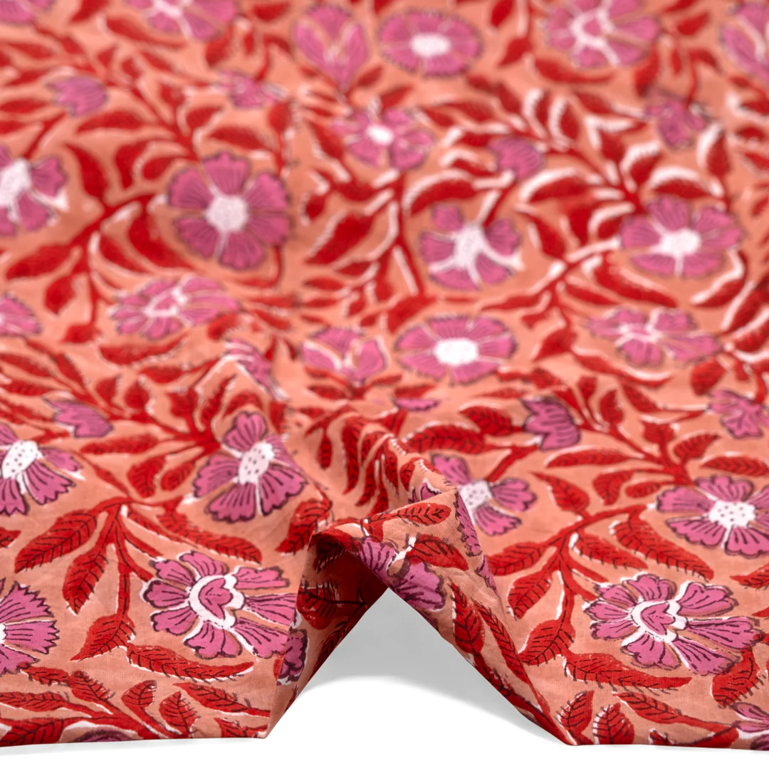 Tapestry Block Printed Organic Cotton Batiste - Peach/Fire Red/Gumdrop - Image 2